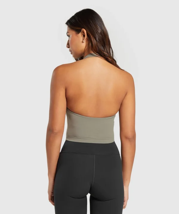 New Gymshark Halter Neck Cami with Shelf LinenBrown