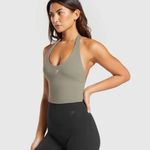 New Gymshark Halter Neck Cami with Shelf LinenBrown