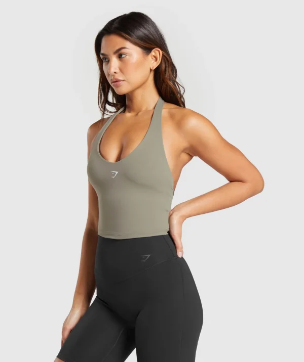 New Gymshark Halter Neck Cami with Shelf LinenBrown