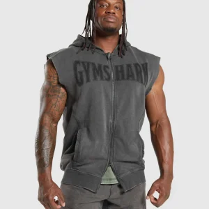 Clearance Gymshark Heritage Washed Sleeveless Zip Hoodie OnyxGrey