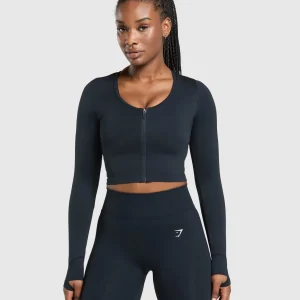 Hot Gymshark Lift Seamless Zip Up Jacket MidnightBlue/BlackMarl