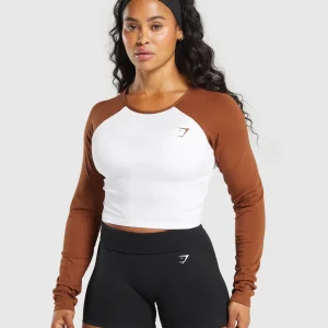 Clearance Gymshark Lifting Essential Long Sleeve Crop Top White/CopperBrown