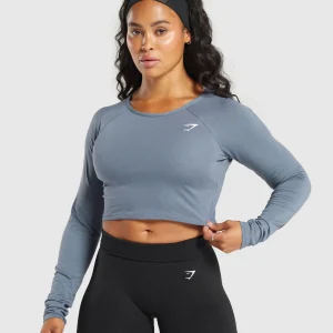 Clearance Gymshark Lifting Essential Long Sleeve Crop Top IronBlue