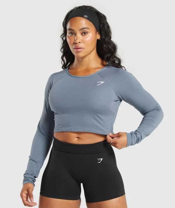 Clearance Gymshark Lifting Essential Long Sleeve Crop Top IronBlue