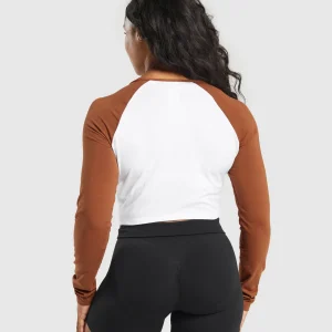 Clearance Gymshark Lifting Essential Long Sleeve Crop Top White/CopperBrown