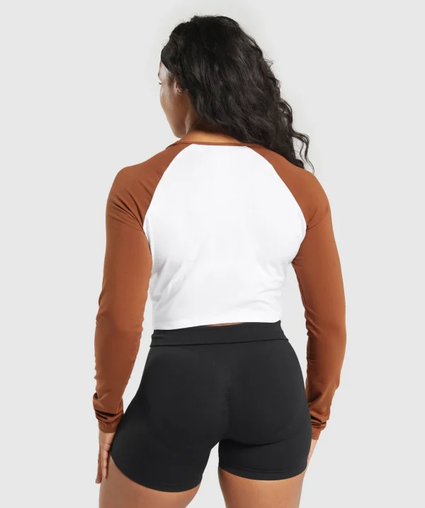 Clearance Gymshark Lifting Essential Long Sleeve Crop Top White/CopperBrown