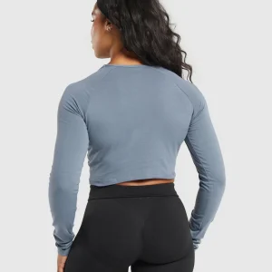 Clearance Gymshark Lifting Essential Long Sleeve Crop Top IronBlue