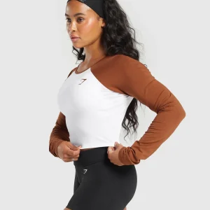 Clearance Gymshark Lifting Essential Long Sleeve Crop Top White/CopperBrown