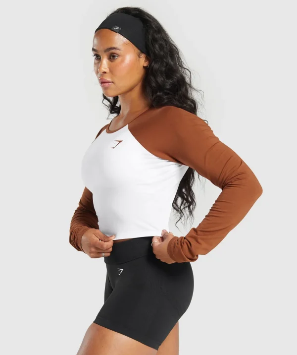 Clearance Gymshark Lifting Essential Long Sleeve Crop Top White/CopperBrown