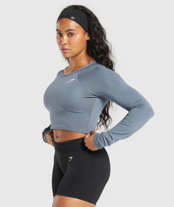 Clearance Gymshark Lifting Essential Long Sleeve Crop Top IronBlue