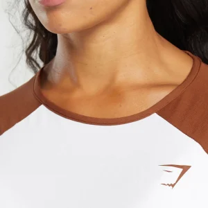 Clearance Gymshark Lifting Essential Long Sleeve Crop Top White/CopperBrown