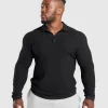 Fashion Gymshark Long Sleeve Waffle Polo Shirt Black