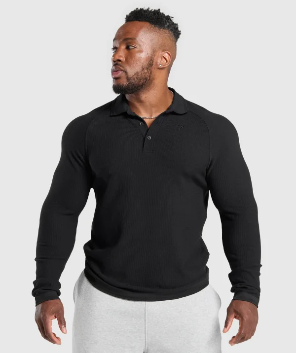 Fashion Gymshark Long Sleeve Waffle Polo Shirt Black