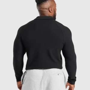 Fashion Gymshark Long Sleeve Waffle Polo Shirt Black