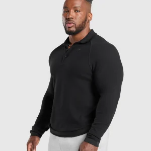 Fashion Gymshark Long Sleeve Waffle Polo Shirt Black