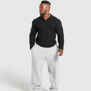 Fashion Gymshark Long Sleeve Waffle Polo Shirt Black