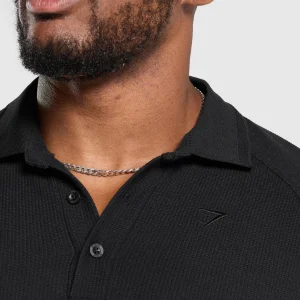 Fashion Gymshark Long Sleeve Waffle Polo Shirt Black