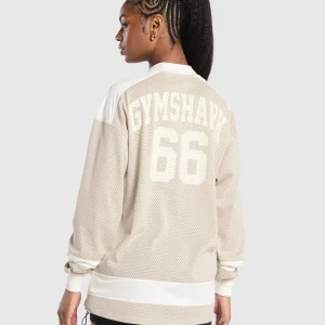 Hot Gymshark Mesh Long Sleeve Varsity Top PebbleGrey/SoftWhite