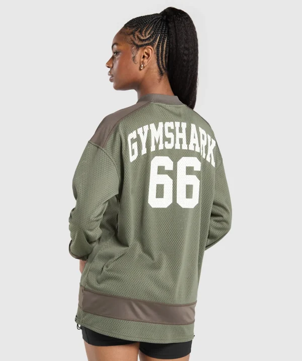 Online Gymshark Mesh Long Sleeve Varsity Top BaseGreen/CamoBrown