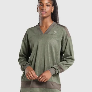 Online Gymshark Mesh Long Sleeve Varsity Top BaseGreen/CamoBrown