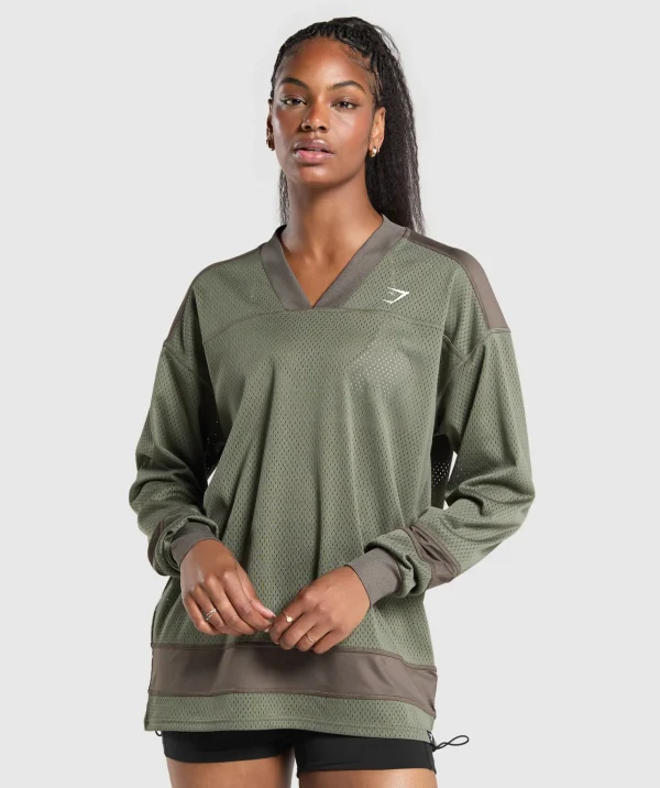 Online Gymshark Mesh Long Sleeve Varsity Top BaseGreen/CamoBrown