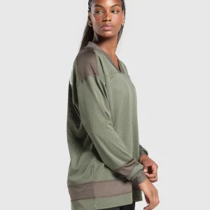 Online Gymshark Mesh Long Sleeve Varsity Top BaseGreen/CamoBrown