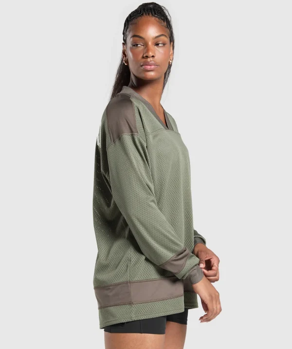 Online Gymshark Mesh Long Sleeve Varsity Top BaseGreen/CamoBrown