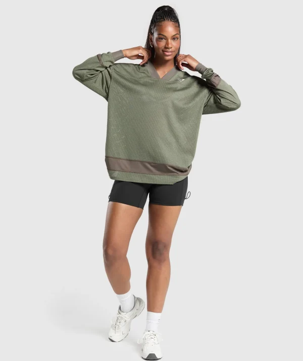 Online Gymshark Mesh Long Sleeve Varsity Top BaseGreen/CamoBrown