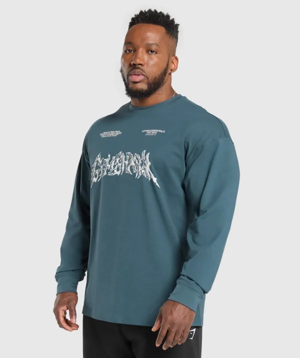 Discount Gymshark Metal Lifting Graphic Long Sleeve T-Shirt CargoBlue