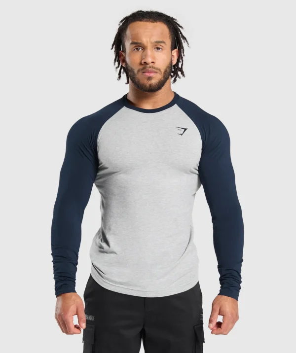 Sale Gymshark Raglan Long Sleeve T-Shirt LightGreyCoreMarl/Navy