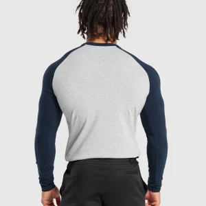 Sale Gymshark Raglan Long Sleeve T-Shirt LightGreyCoreMarl/Navy