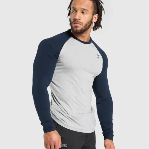 Sale Gymshark Raglan Long Sleeve T-Shirt LightGreyCoreMarl/Navy