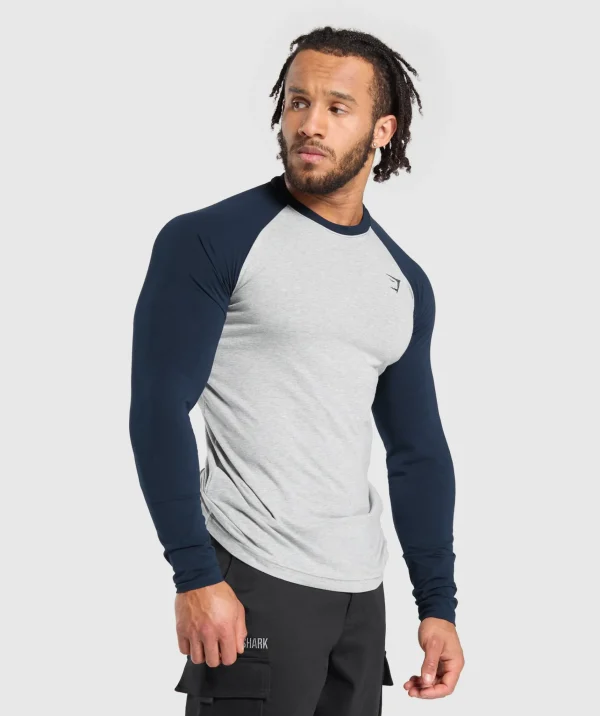 Sale Gymshark Raglan Long Sleeve T-Shirt LightGreyCoreMarl/Navy