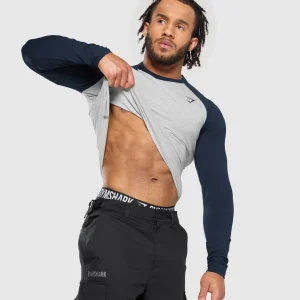 Sale Gymshark Raglan Long Sleeve T-Shirt LightGreyCoreMarl/Navy