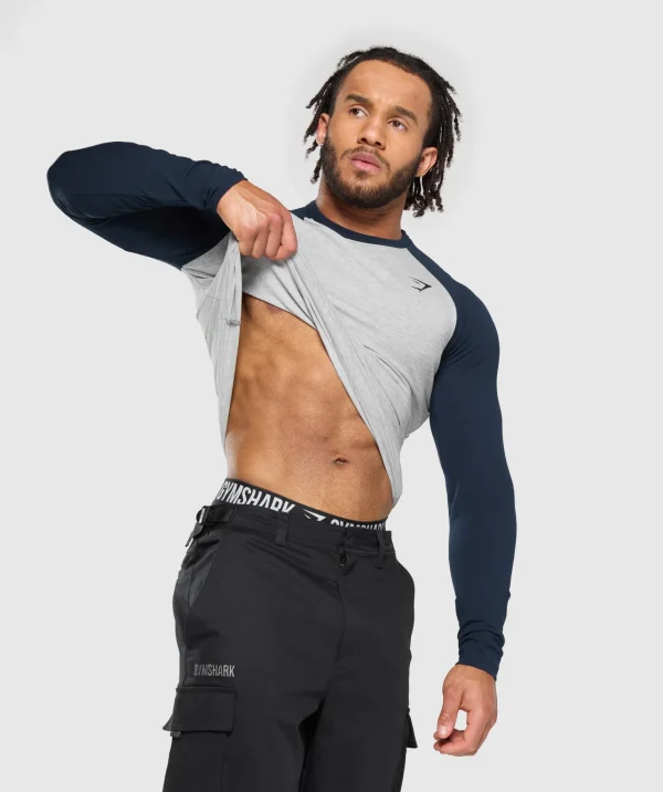 Sale Gymshark Raglan Long Sleeve T-Shirt LightGreyCoreMarl/Navy