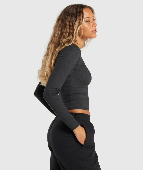 Fashion Gymshark Rib Long Sleeve Top MidnightBlackMarl