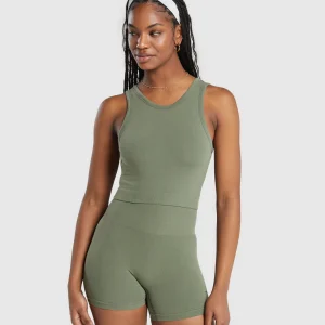 New Gymshark Ribbed Cotton Seamless Body Fit Tank BaseGreen