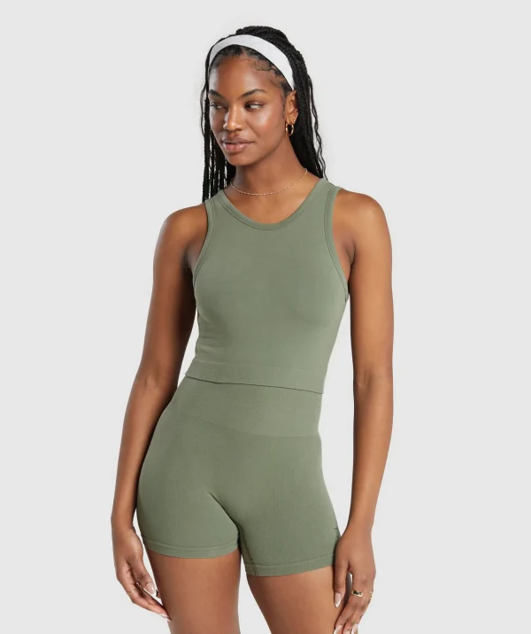 New Gymshark Ribbed Cotton Seamless Body Fit Tank BaseGreen