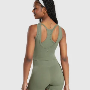 New Gymshark Ribbed Cotton Seamless Body Fit Tank BaseGreen