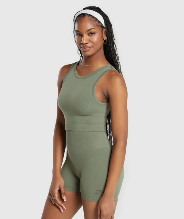 New Gymshark Ribbed Cotton Seamless Body Fit Tank BaseGreen