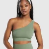 Sale Gymshark Ribbed Cotton Seamless One Shoulder  Bra BaseGreen