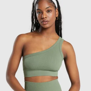 Sale Gymshark Ribbed Cotton Seamless One Shoulder  Bra BaseGreen