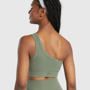 Sale Gymshark Ribbed Cotton Seamless One Shoulder  Bra BaseGreen