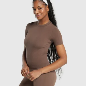 Discount Gymshark Ribbed Cotton Seamless T-Shirt SoftBrown