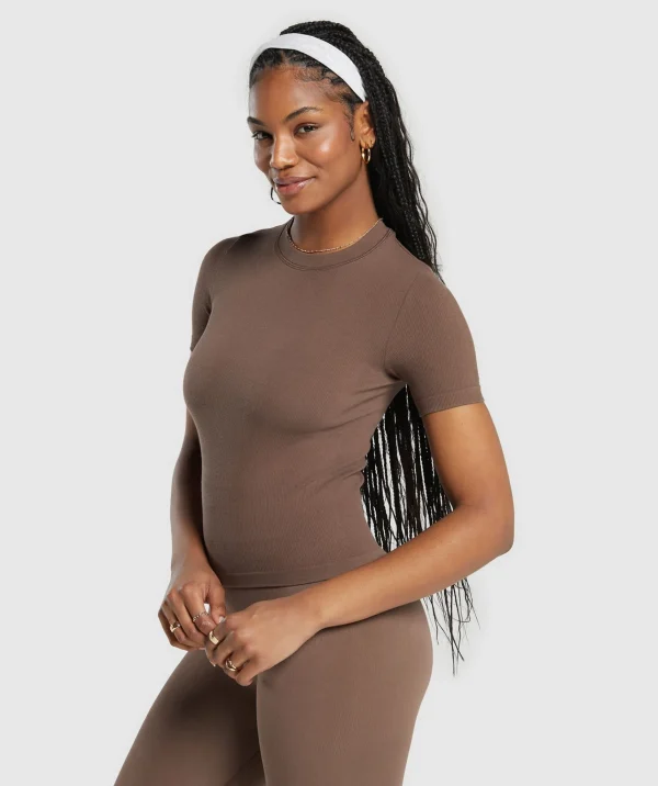 Discount Gymshark Ribbed Cotton Seamless T-Shirt SoftBrown