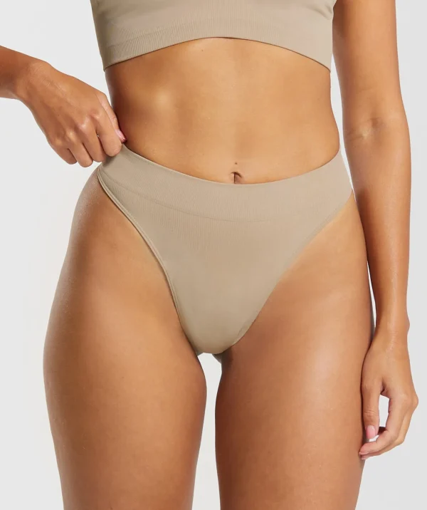 Clearance Gymshark Seamless High Leg Thong CementBrown