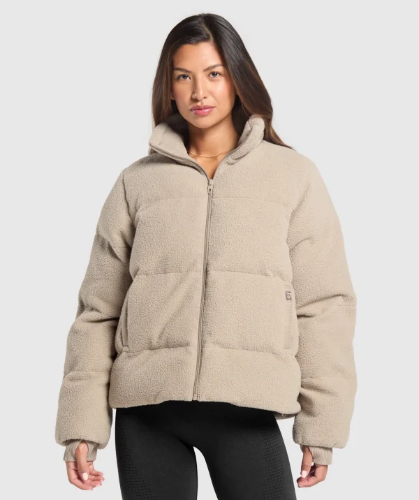 Sale Gymshark Sherpa Puffer Jacket SandBrown