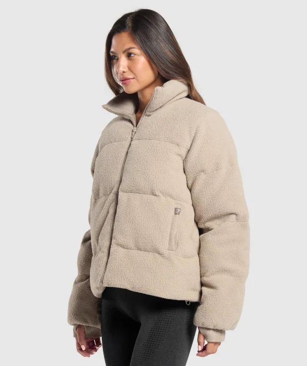 Sale Gymshark Sherpa Puffer Jacket SandBrown