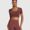 Hot Gymshark Stitch Feature Crop Top BurgundyBrown