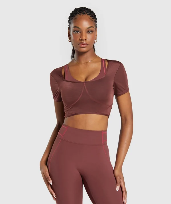 Hot Gymshark Stitch Feature Crop Top BurgundyBrown